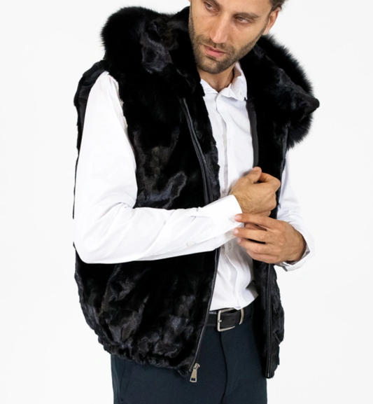 Caleb Mink Fur Vest with Fox Fur Trim in Black