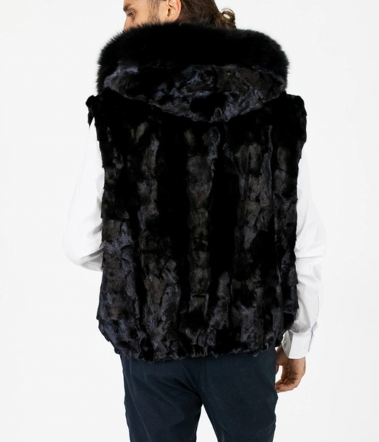 Caleb Mink Fur Vest with Fox Fur Trim in Black