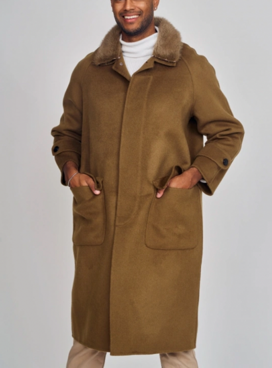 Wool trench coat with removable mink collar in brown